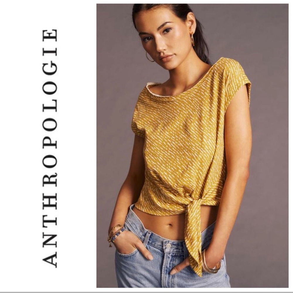 Anthropologie Mustard Yellow Cotton Linen Front Tie Knot Crop Top Sz  Large